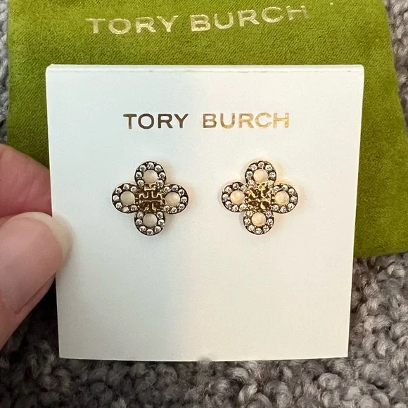 Tory Burch Small Kira Clover Pave stud earrings w/Tory Branded Velvet Pouch - Picture 1 of 5